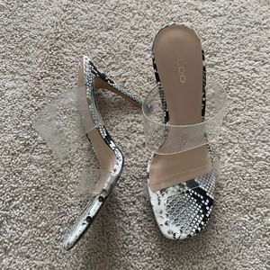 Aldo Clear Strap Black and White Snake Skin Heels